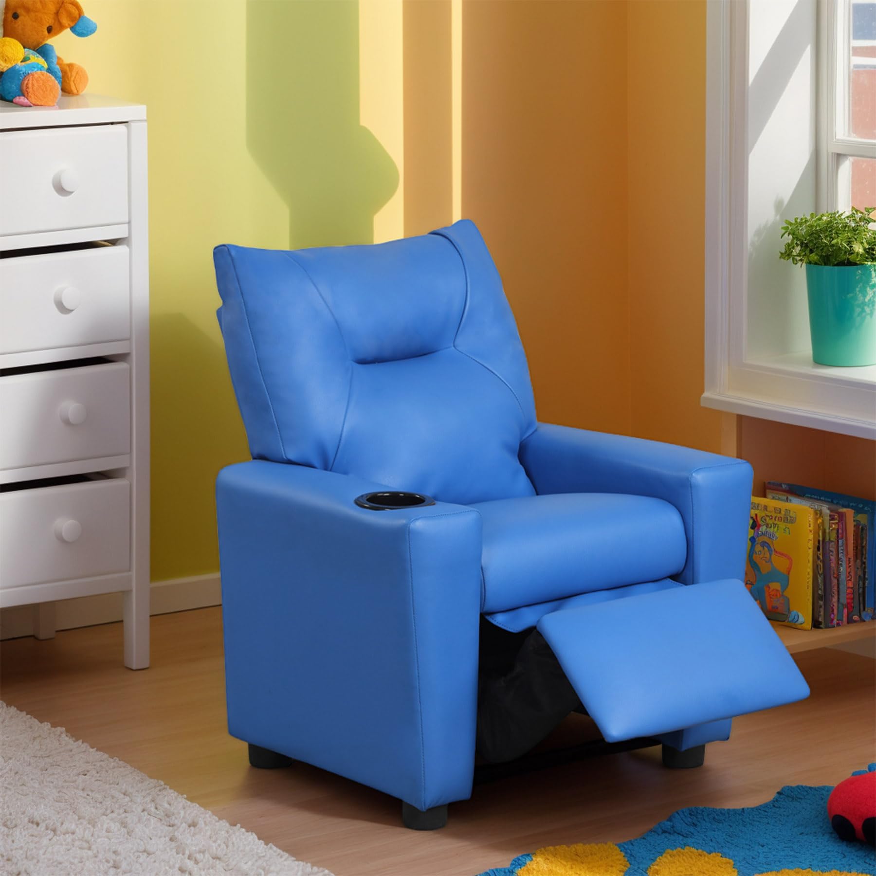 AnwickNomo Modern PU Leather Kids Recliner Chair with Cup Holder, Adjustable 2-in-1 Kids Single Couch for Boys Girls (Blue-1)