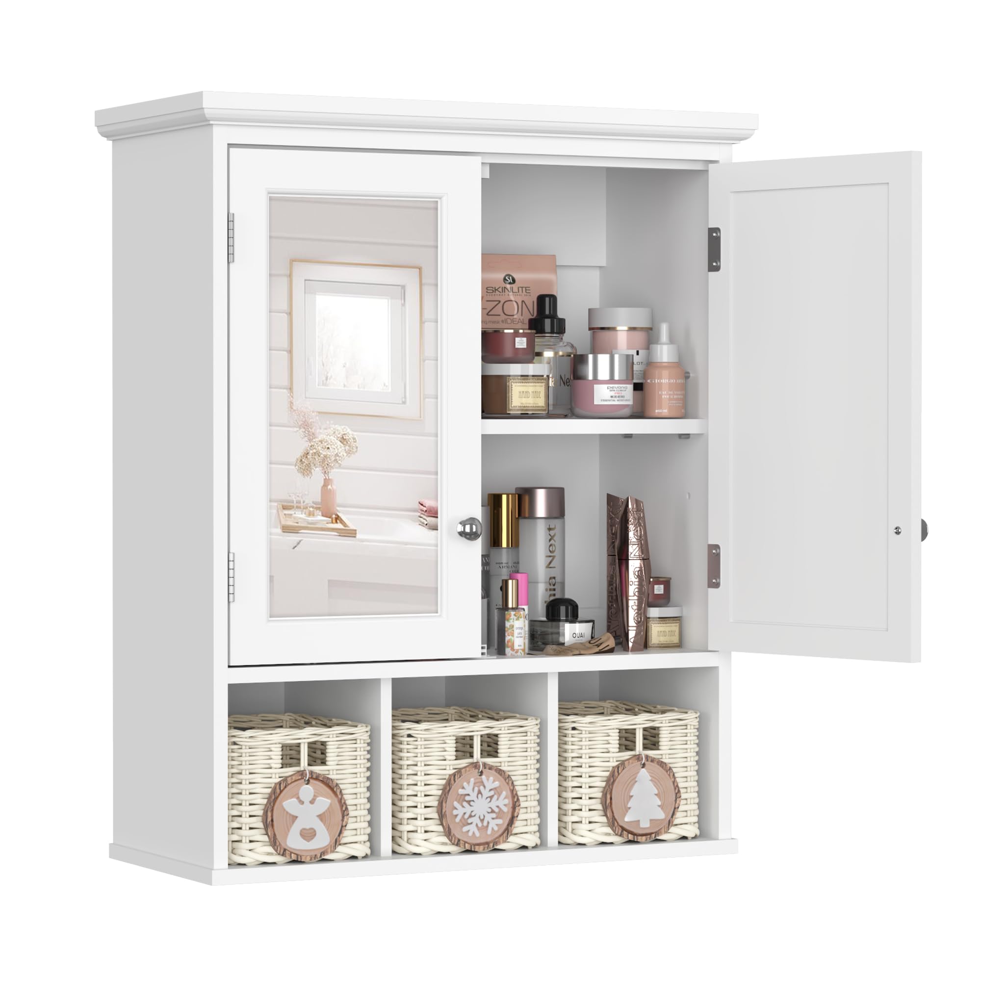 VKTO Bathroom Wall Cabinet with Mirrors,Wall-Mounted Storage Organizer Over Toilet with 3 Storage Baskets and 2 Adjustable Shelves, Bathroom Mirror Medicine Cabinet for Bathroom, Kitchen,White