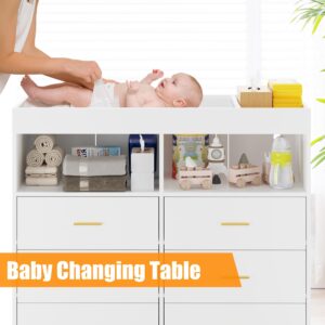 GarveeHome Baby Changing Table Dresser with Drawers, Baby Changing Station with Changing Table Top, Changing Pad, LED Lights & Charging Station, Baby Dresser for Newborns Infants, White