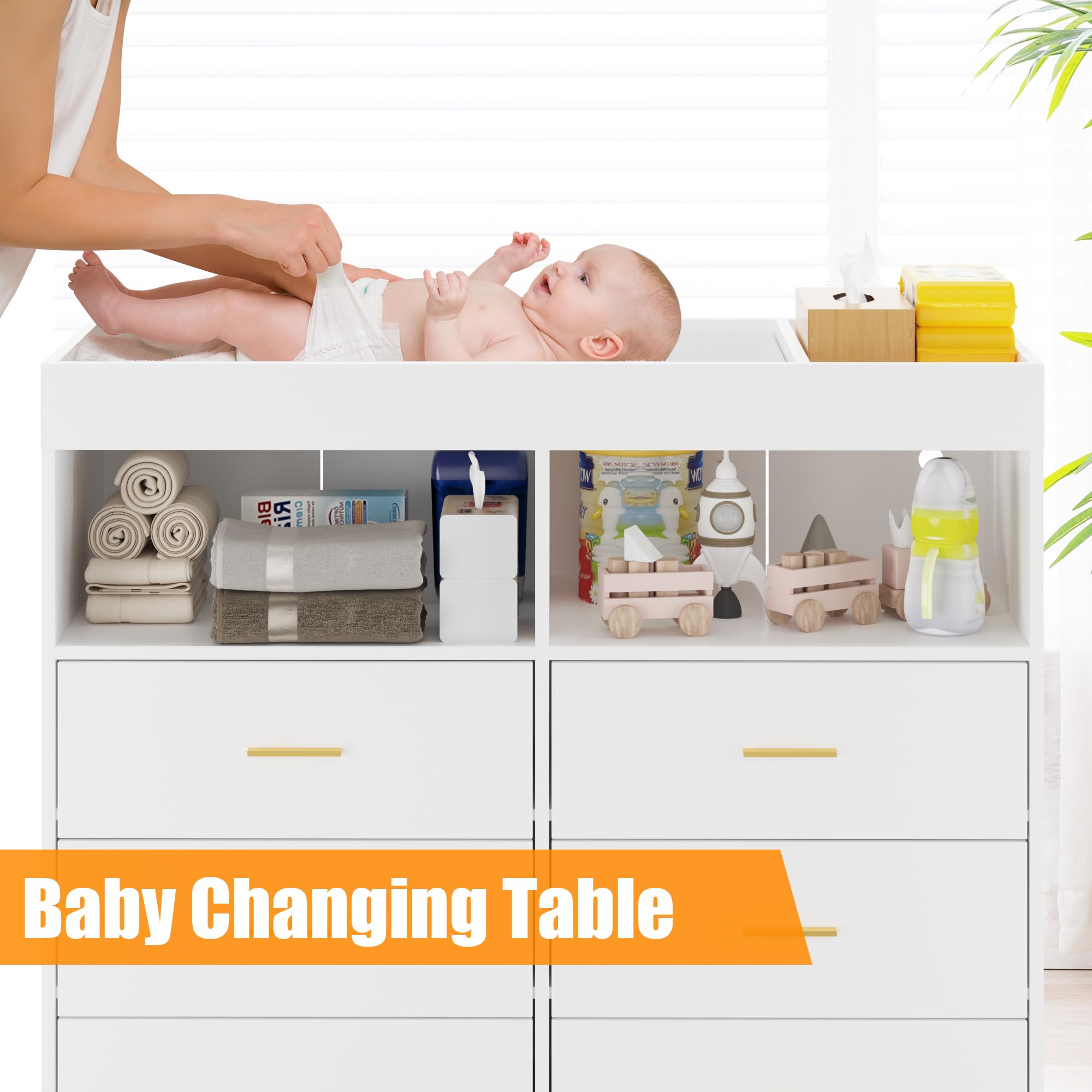 GarveeHome Baby Changing Table Dresser with Drawers, Baby Changing Station with Changing Table Top, Changing Pad, LED Lights & Charging Station, Baby Dresser for Newborns Infants, White