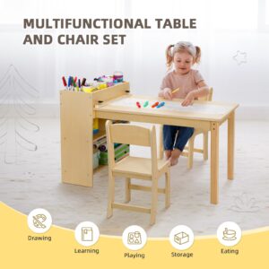 OOOK Kids Art Table and 2 Chairs, Toddler Activity Table with Large Storage Shelves, Wood Activity Desk for Writing Drawing Suitable for Playrooms & Classroom