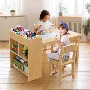 OOOK Kids Art Table and 2 Chairs, Toddler Activity Table with Large Storage Shelves, Wood Activity Desk for Writing Drawing Suitable for Playrooms & Classroom