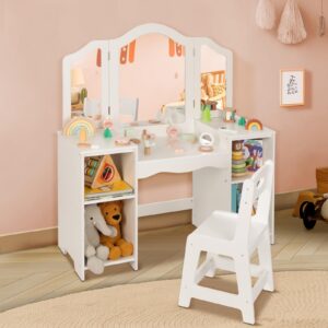 OOOK Toddler Vanity, 2 in 1 Kids Study Desk with Detachable Tri-Folding Mirror, Kids Vanity Table and Chair Set with DIY Stickers, Unique Toddler Vanity Dressing Table for Girls.