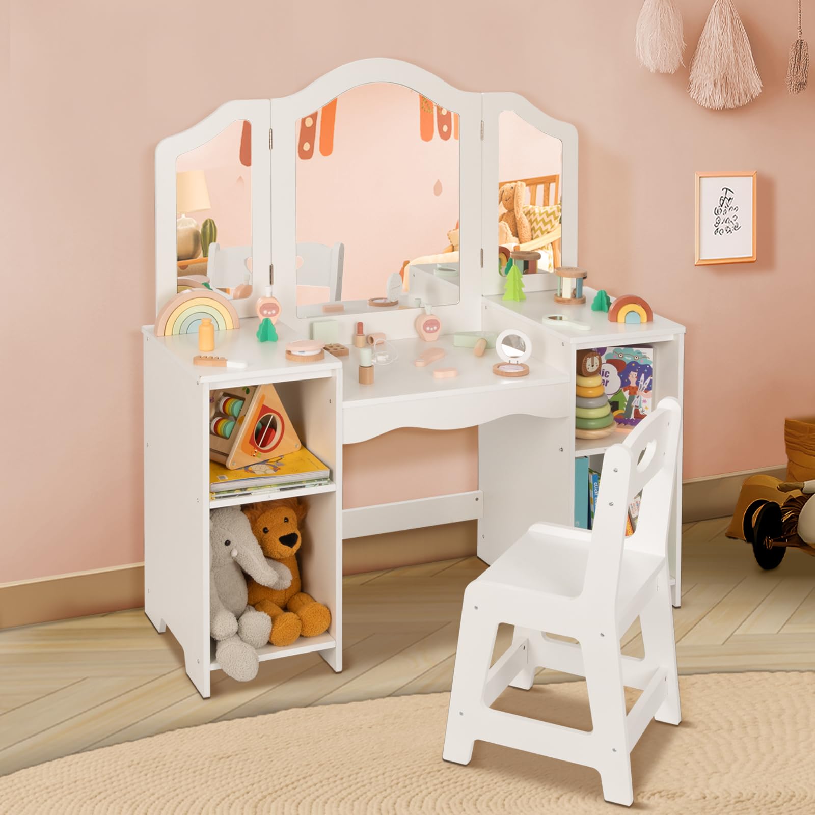 OOOK Toddler Vanity, 2 in 1 Kids Study Desk with Detachable Tri-Folding Mirror, Kids Vanity Table and Chair Set with DIY Stickers, Unique Toddler Vanity Dressing Table for Girls.