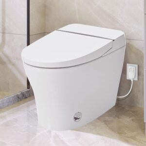 heated seat smart toilet, without bidet, upmarket compact dual flush toilet, 1/1.28 gpf, tank less toilet with adjustable temp heated seat, foot sensor flush, white night light, knob control