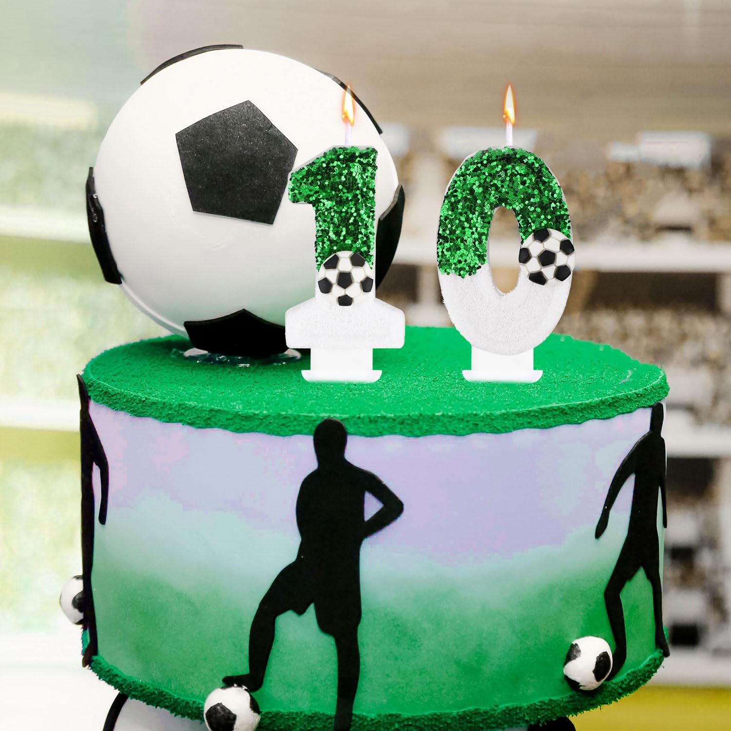 Football Candle, White Green Soccer Cake Topper Happy Birthday Number Cake Candle Sparkling Sequins Soccer Football Theme Birthday Party Decorations Celebrations Supplies (Number 7)