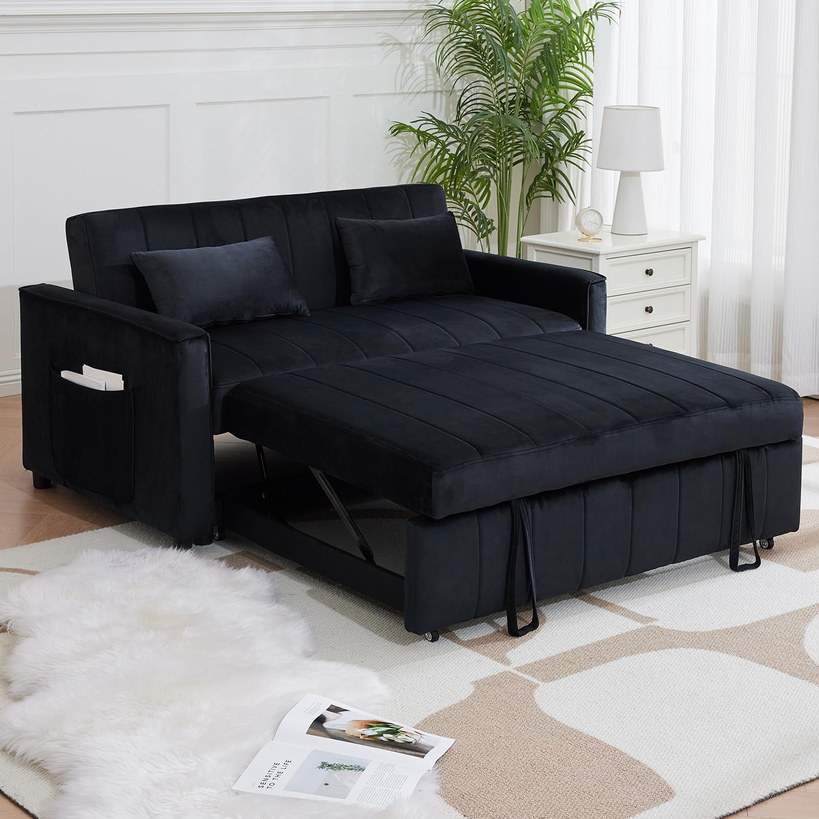 ECHINGLE 55.51" Convertible Sofa Bed, 3-in-1 Sleeper Sofa with Pullout Bed, Velvet Sofa cama with Adjustable Backrest and Side Pocket & 2 Pillows, Modern Futon Couch for Living Room, Bedroom（Black）