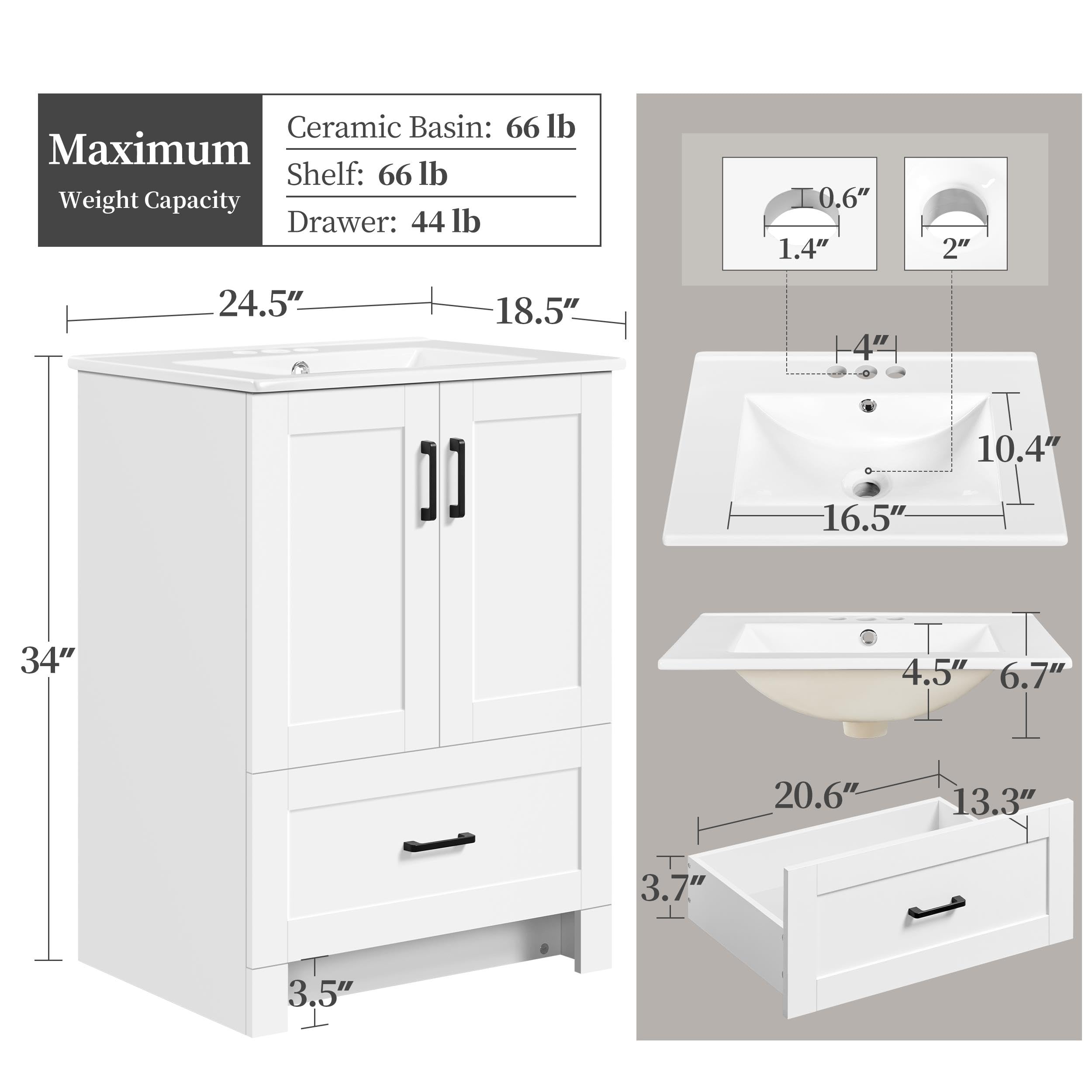 Yaheetech 24.5" Modern Bathroom Vanity with Ceramic Basin, Undermount Bathroom Vanity Sink Cabinet with 2 Doors and 1 Drawer, Free Standing Bathroom Storage Cabinet with Sink Combo Set, White