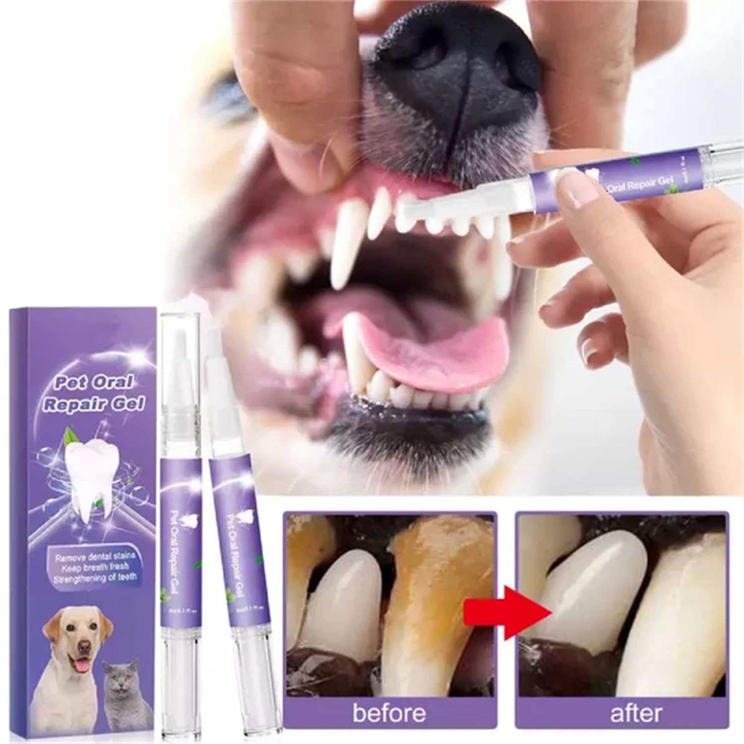 Pet Oral Repair Gel for Dogs, Pet Teeth Whitening Pen, Pet Oral Care Gel, Pet Oral Restoration White Gel, Pet Breath Freshener Gel for Dogs & Cats (4pcs)