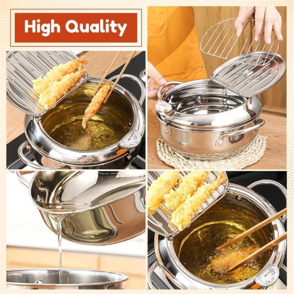 Japanese Deep Fryer With Temperature Gauge,Japanese Deep Fryer Pot Extra Large,Japanese Frying Pot,Deep Frying Pan with Lid Basket for Kitchen French Fries Chicken (20cm/7.9in)