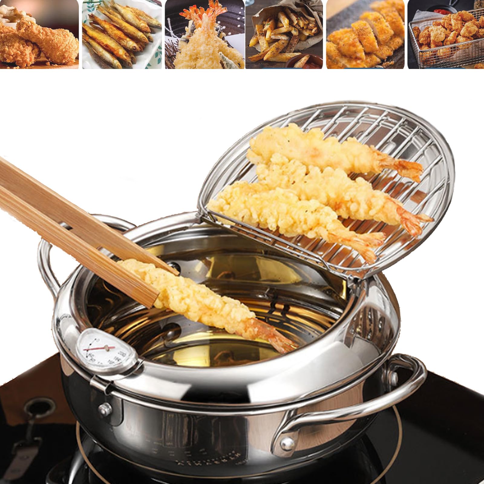 Japanese Deep Fryer With Temperature Gauge,Japanese Deep Fryer Pot Extra Large,Japanese Frying Pot,Deep Frying Pan with Lid Basket for Kitchen French Fries Chicken (20cm/7.9in)