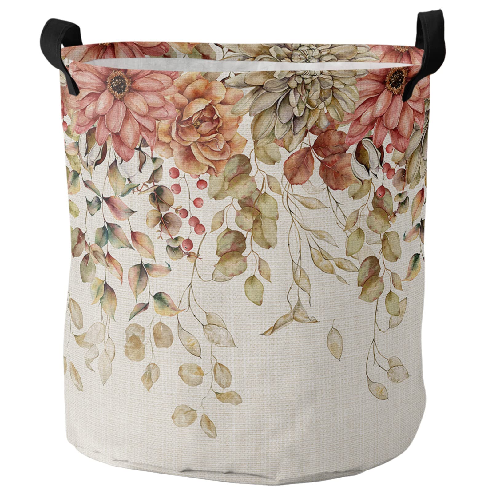 Laundry Basket, Fall Thanksgiving Red Sage Green Dahlia and Rose Flower Eucalyptus Leaf Beige Waterproof Collapsible Clothes Hamper Large Storage Bag for Bedroom Bathroom,16.5x17In