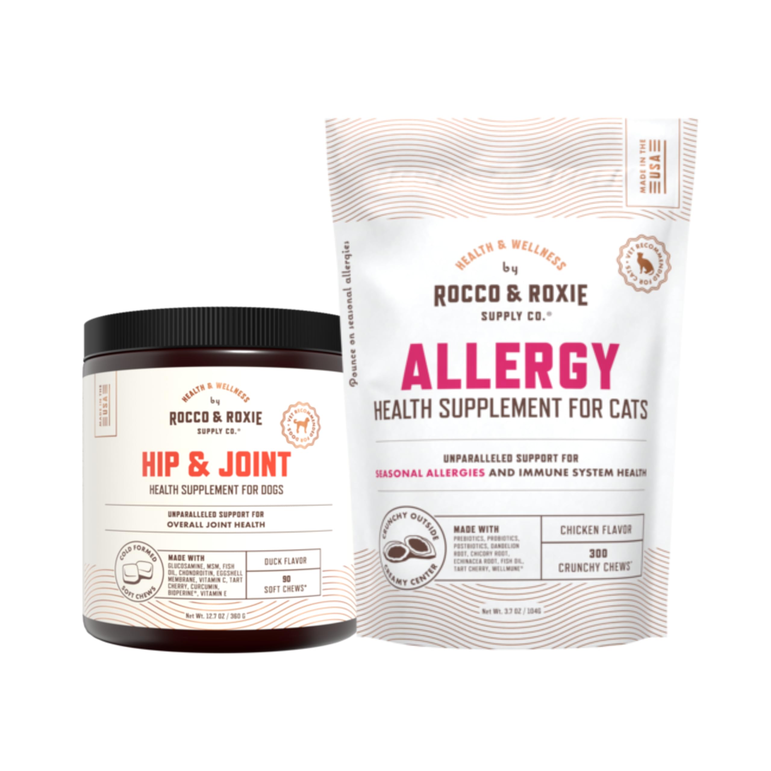 Rocco & Roxie Cat Allergy & Dog Glucosamine Hip & Joint Supplements Bundle