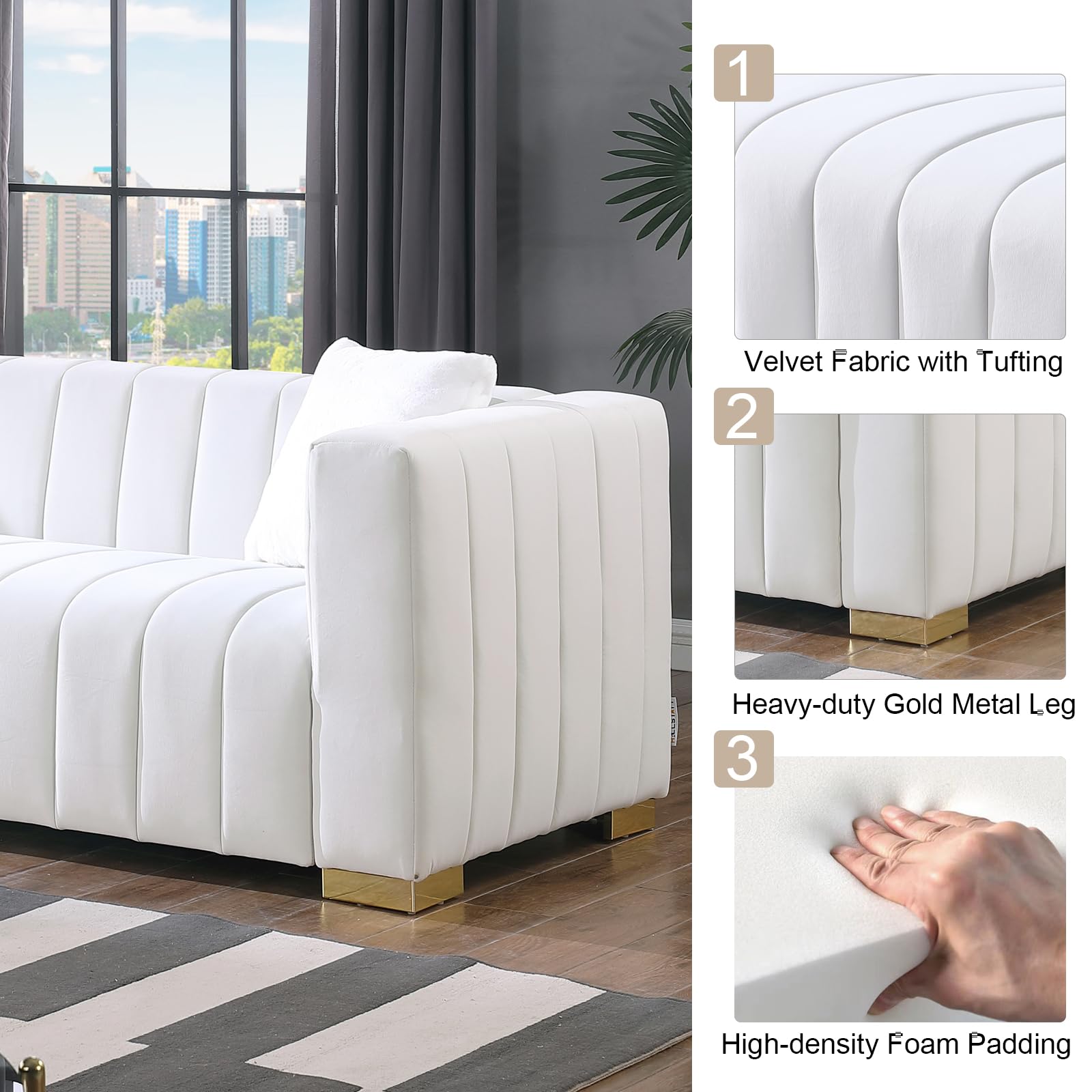 KIVENJAJA 2 Piece Living Room Furniture Set, Including Loveseat and 3-Seater Sofa Couch with Channel Tufted Velvet Fabric, 4 Pillows for Bedroom Apartment, White