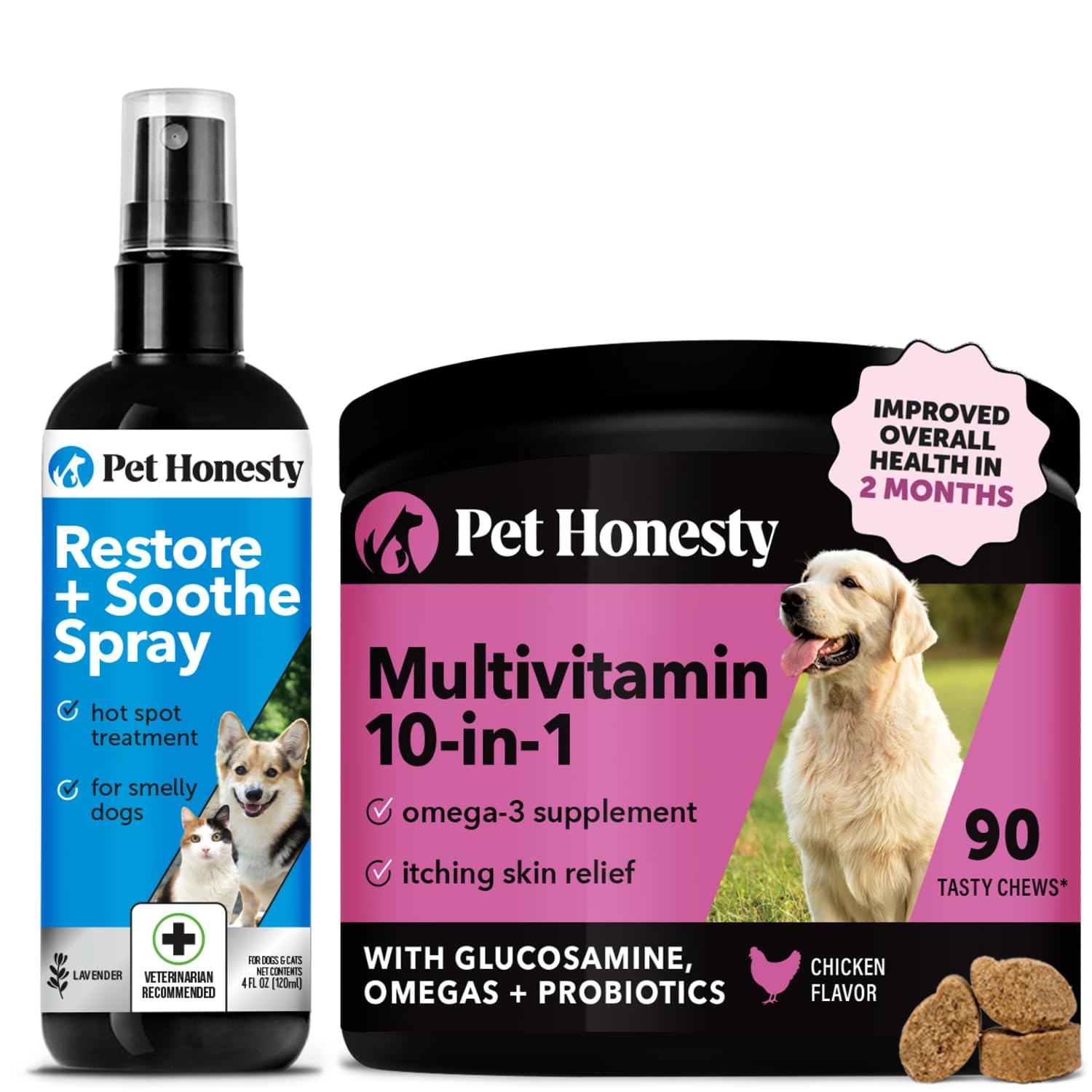 Pet Honesty Restore + Soothe Hot Spots Spray for Dogs & Cats (Lavender) 4oz + Multivitamin Dog Supplement with Glucosamine, Probiotics, Omega Fish Oil for Skin and Coat Allergies (Chicken 90 ct)