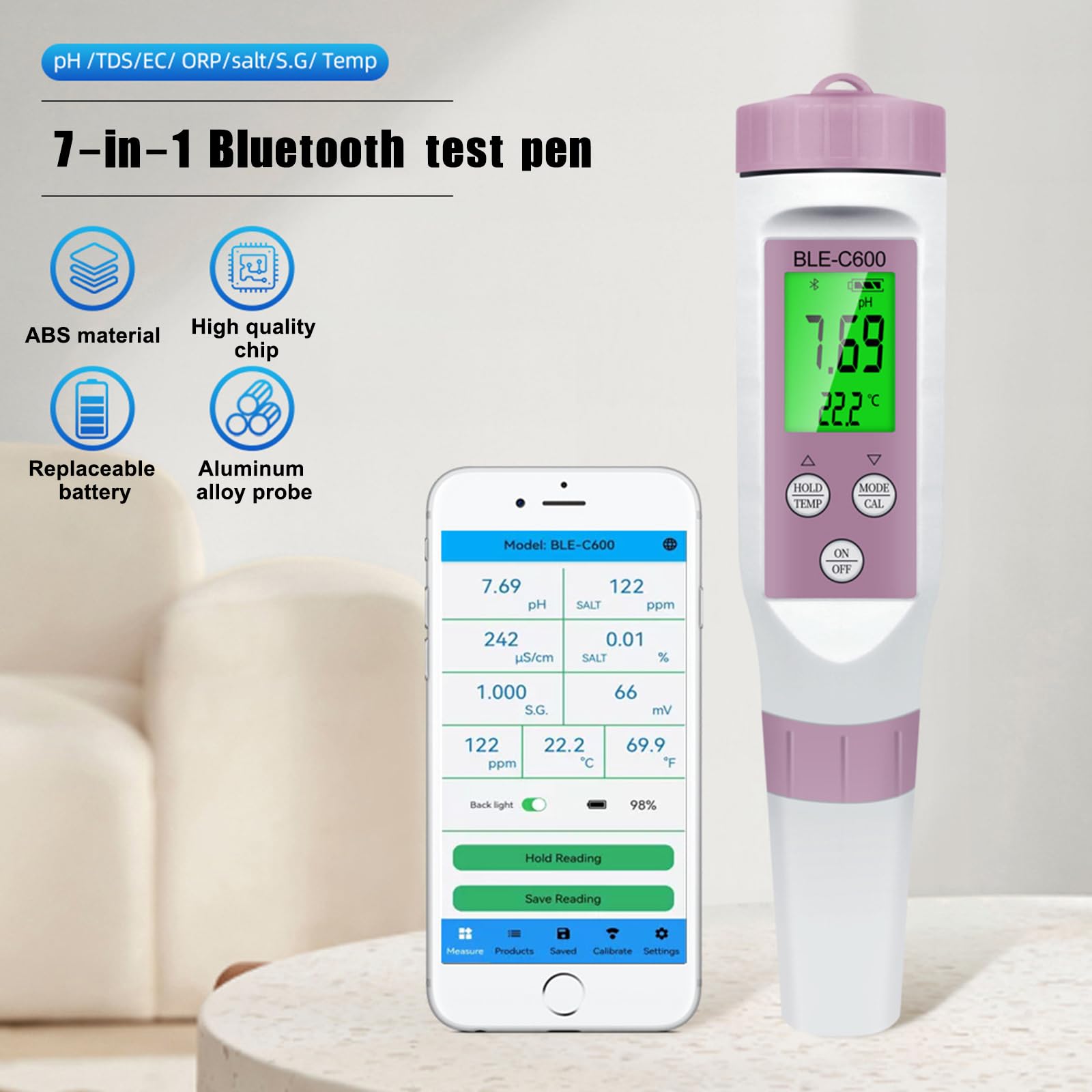 Viprh 7 in 1 PH EC Conductivity TDS Salinity ORP SG BT Meter Tester Measures