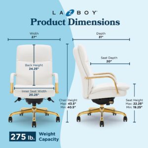 La-Z-Boy® Opus Executive Mid-Back Office Chair, Channel-Tufted Seat and Back, Double-Layer Cushion, Padded Arms, Ergonomic Computer Desk Chair, Swivel Metal Base, Bonded Leather, White and Gold