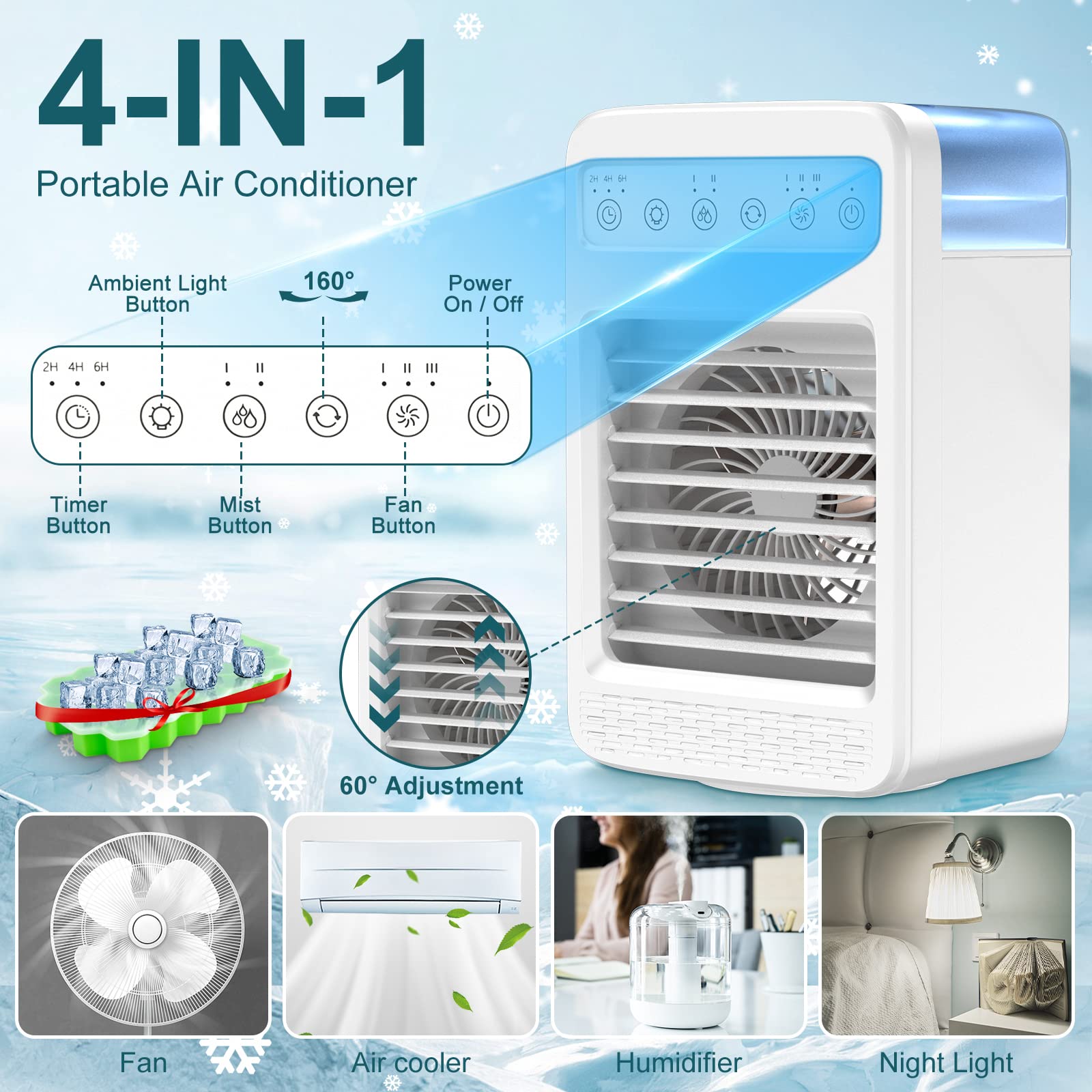 Air Conditioners Portable 2024,Mini Air Conditioners Portable for Room,Oscillating Small Mini AC with Timer,4 Speeds 2 Cool Mist,180°Oscillation Mini Air Conditioners for Room Kitchen