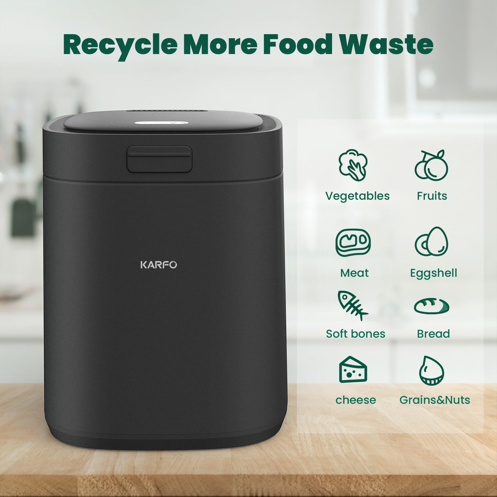 Karfo Electric Composter for Kitchen, Smart Compost Bin Outdoor/Indoor, Odorless Single-Button Auto Operation, Turn Food Waste to Fertilizer for Plants, Food Waste Compost Machine （Black）