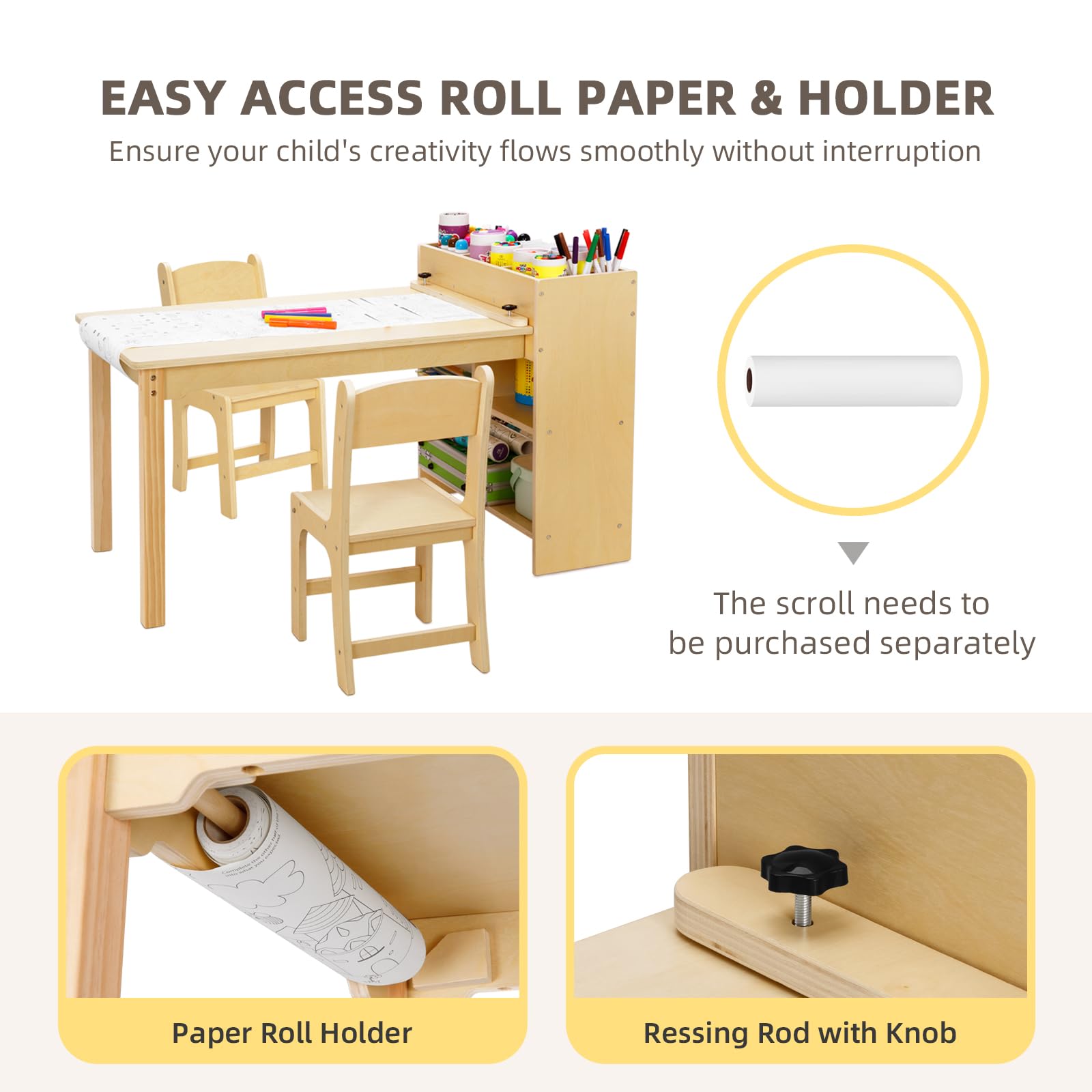 OOOK Kids Art Table and 2 Chairs, Toddler Activity Table with Large Storage Shelves, Wood Activity Desk for Writing Drawing Suitable for Playrooms & Classroom