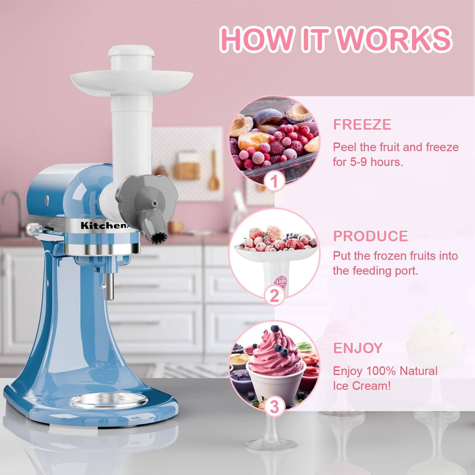 OTOmitra Natural Ice Cream Maker Attachment for Kitchen aid Stand Mixer, Frozen Dessert Maker, Fruit Sorbet Machine, Dairy-Free Frozen Fruit Soft Serve Maker, Natural Ice Cream Desserts Attachment