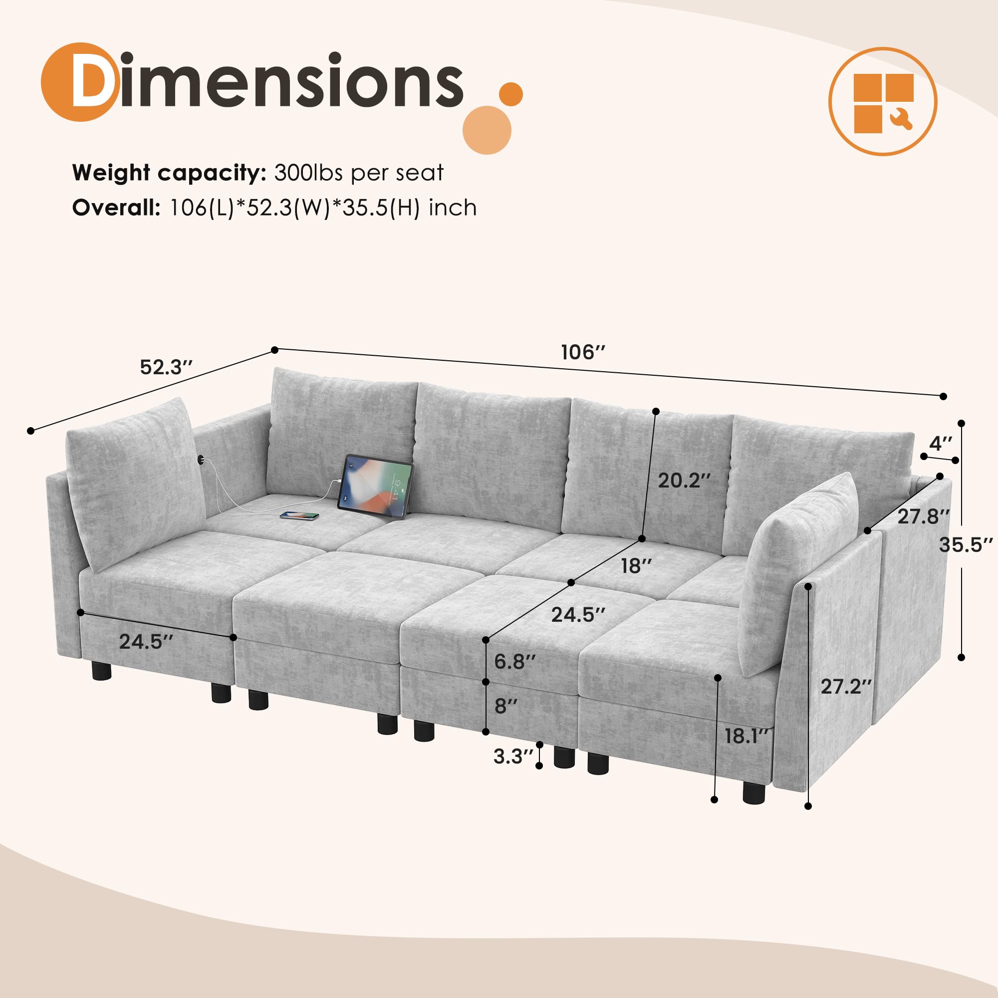 Fiona's magic 106'' Modular Sectional Sofa Sleeper Set, 8 Seats Sleeper Couch with Storage, U Shaped Sofa Couch with USB Charging Port, Modern Comfy Chenille Couch for Living Room, Light Grey