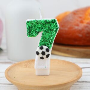 Football Candle, White Green Soccer Cake Topper Happy Birthday Number Cake Candle Sparkling Sequins Soccer Football Theme Birthday Party Decorations Celebrations Supplies (Number 7)