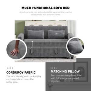 ECHINGLE 55.51" Sleeper Sofa,Corduroy Convertible Sofa Bed,Pull Out Sofa Bed with 3 Level Adjustable Backrest & Storage Pockets and 2 Toss Pillows,Modern Couch Bed for Living Room,Bedroom（Grey）