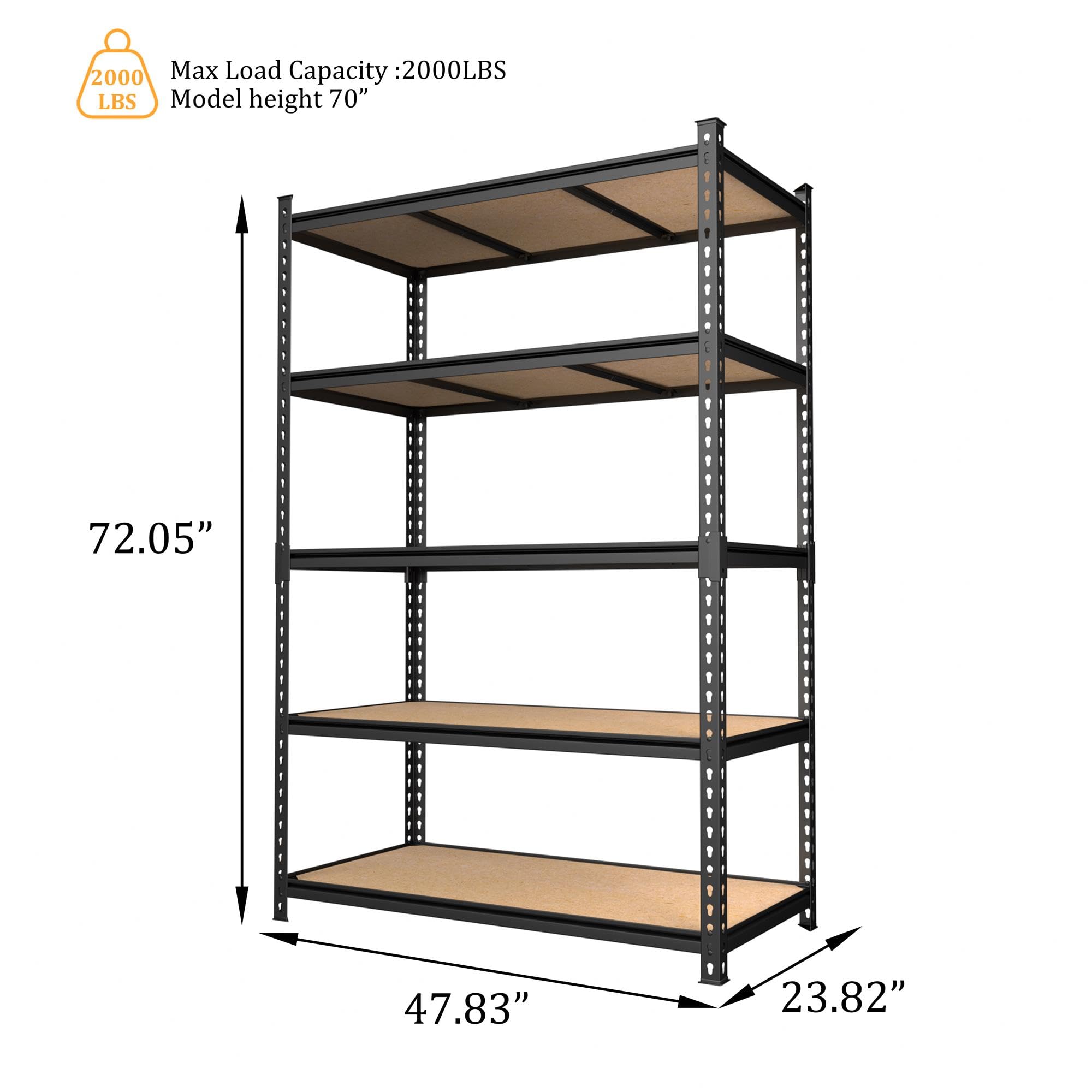 MUPATER 48''W Metal Storage Shelves, 5 Tier Shelves and Adjustable Shelves, Garage Shelving Unit, Standing Utility Shelf Racks for Pantry Warehouse Kitchen, 47.83" W x 23.82" D x 72.05" H