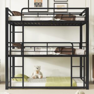 Heavy Duty Triple Bunk Bed Twin Over Twin Over Twin, Metal 3 Bunk Bed with 2 Ladder and Guardrail, Twin Size Triple Bunk Bed for Kids, Teens, Black