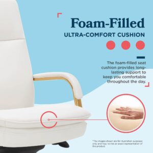 La-Z-Boy® Opus Executive Mid-Back Office Chair, Channel-Tufted Seat and Back, Double-Layer Cushion, Padded Arms, Ergonomic Computer Desk Chair, Swivel Metal Base, Bonded Leather, White and Gold