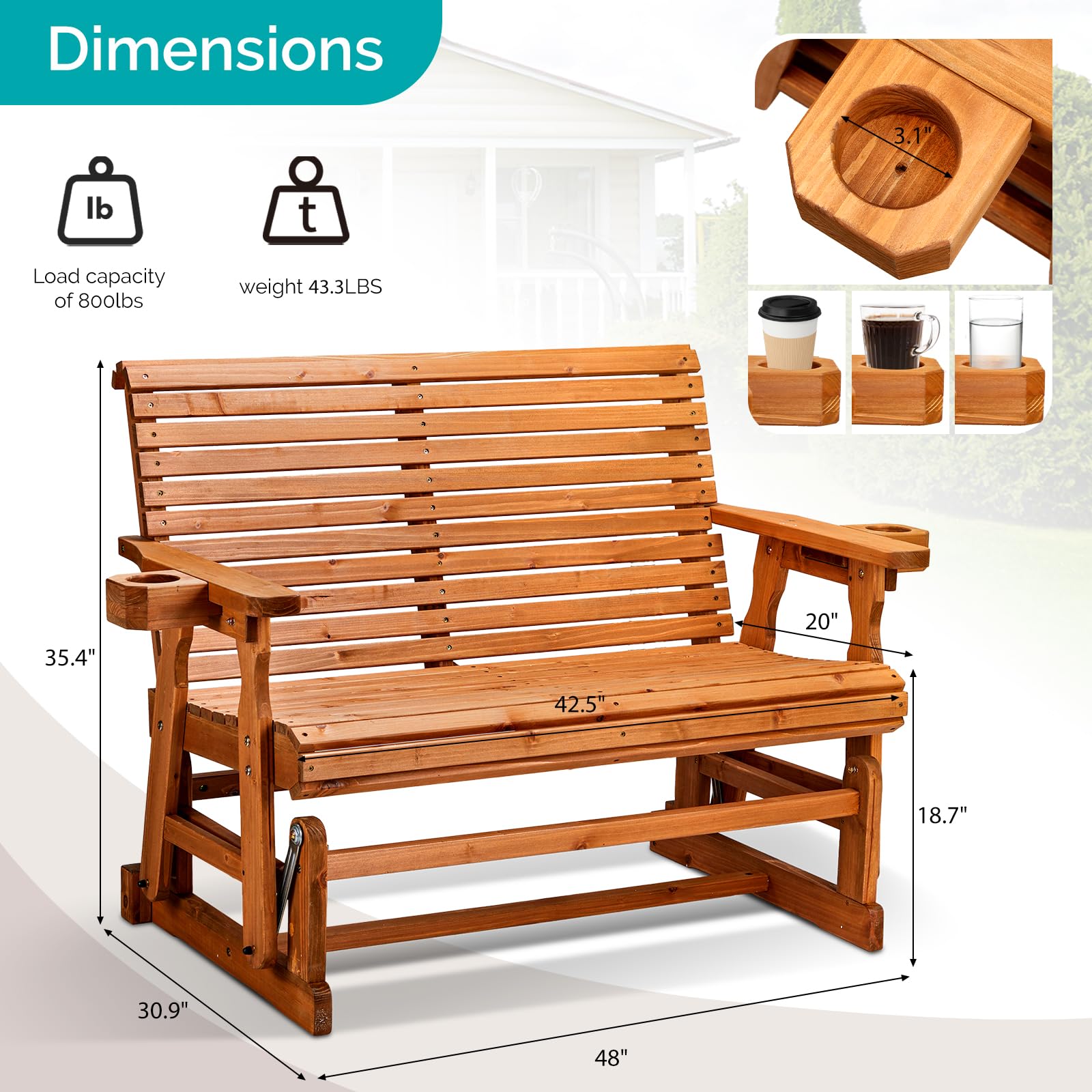 VINGLI Outdoor Glider Bench Wood Patio Glider with Cup Holders, Porch Glider Chair Outdoor Bench Glider Loveseat with Smooth Rocking Mechanism, Heavy Duty 800 LBS