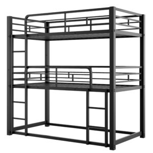 Heavy Duty Triple Bunk Bed Twin Over Twin Over Twin, Metal 3 Bunk Bed with 2 Ladder and Guardrail, Twin Size Triple Bunk Bed for Kids, Teens, Black