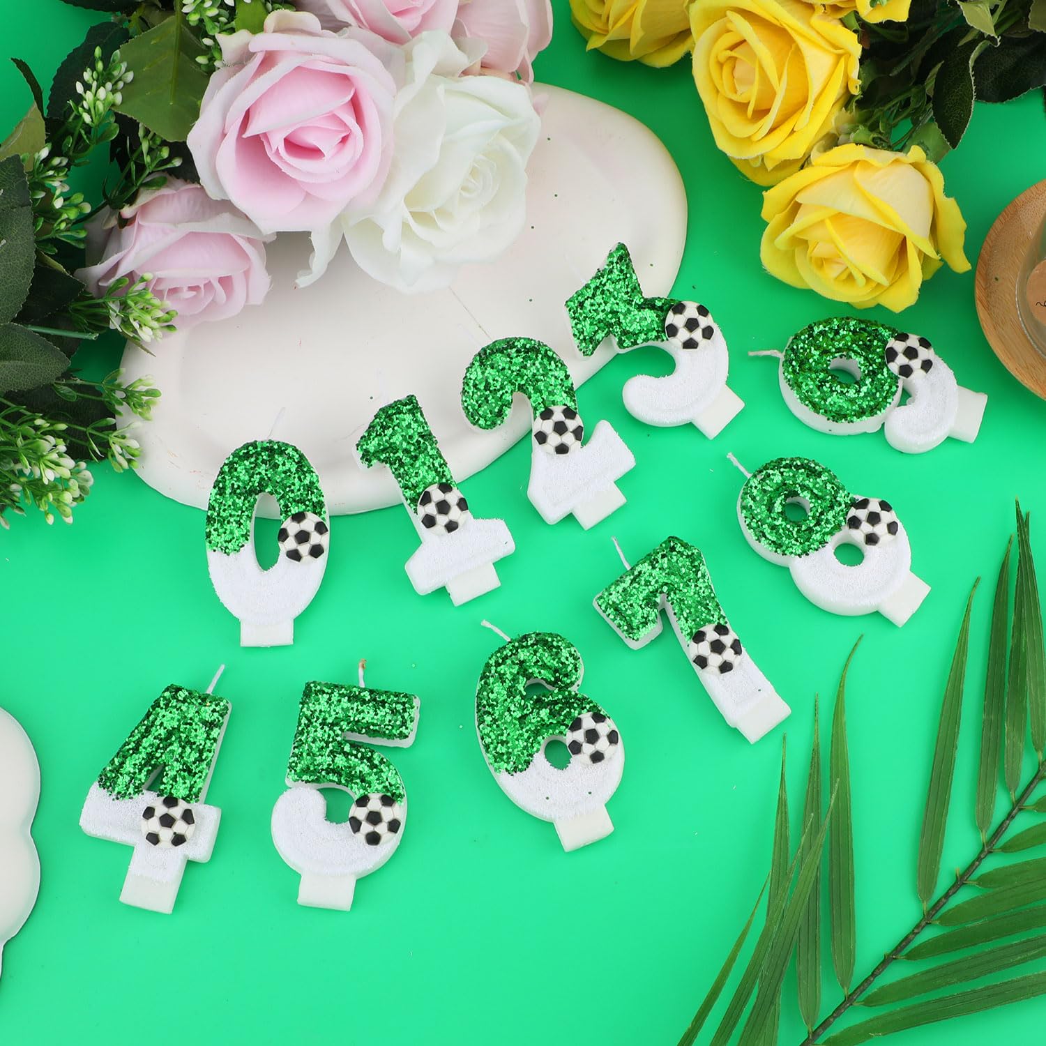 Football Candle, White Green Soccer Cake Topper Happy Birthday Number Cake Candle Sparkling Sequins Soccer Football Theme Birthday Party Decorations Celebrations Supplies (Number 7)