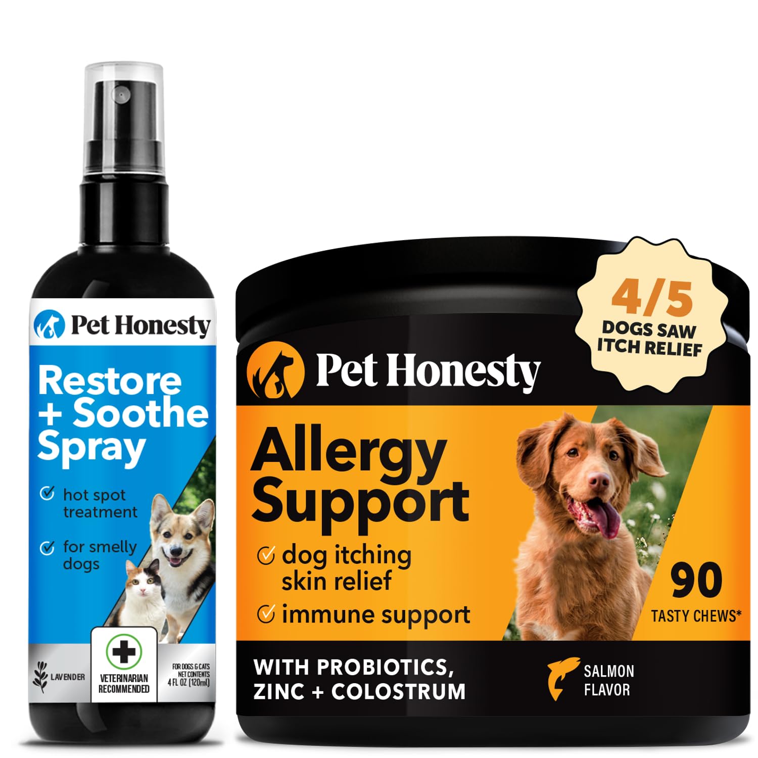 Pet Honesty Restore + Soothe Hot Spots Spray for Dogs & Cats (Lavender) 4oz + Allergy Support Itch Relief for Dogs - Dog Allergy Chews with Probiotics for Seasonal Allergies, Skin and Coat Supplement