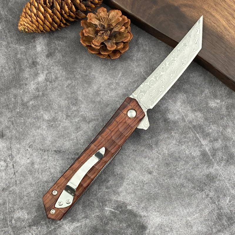 allvin R8406 Damascus Flipper Knife VG10 Damascus Steel Tanto Point Blade Rosewood with Steel Sheet Handle Outdoor Fishing EDC Pocket Knives