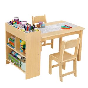 oook kids art table and 2 chairs, toddler activity table with large storage shelves, wood activity desk for writing drawing suitable for playrooms & classroom