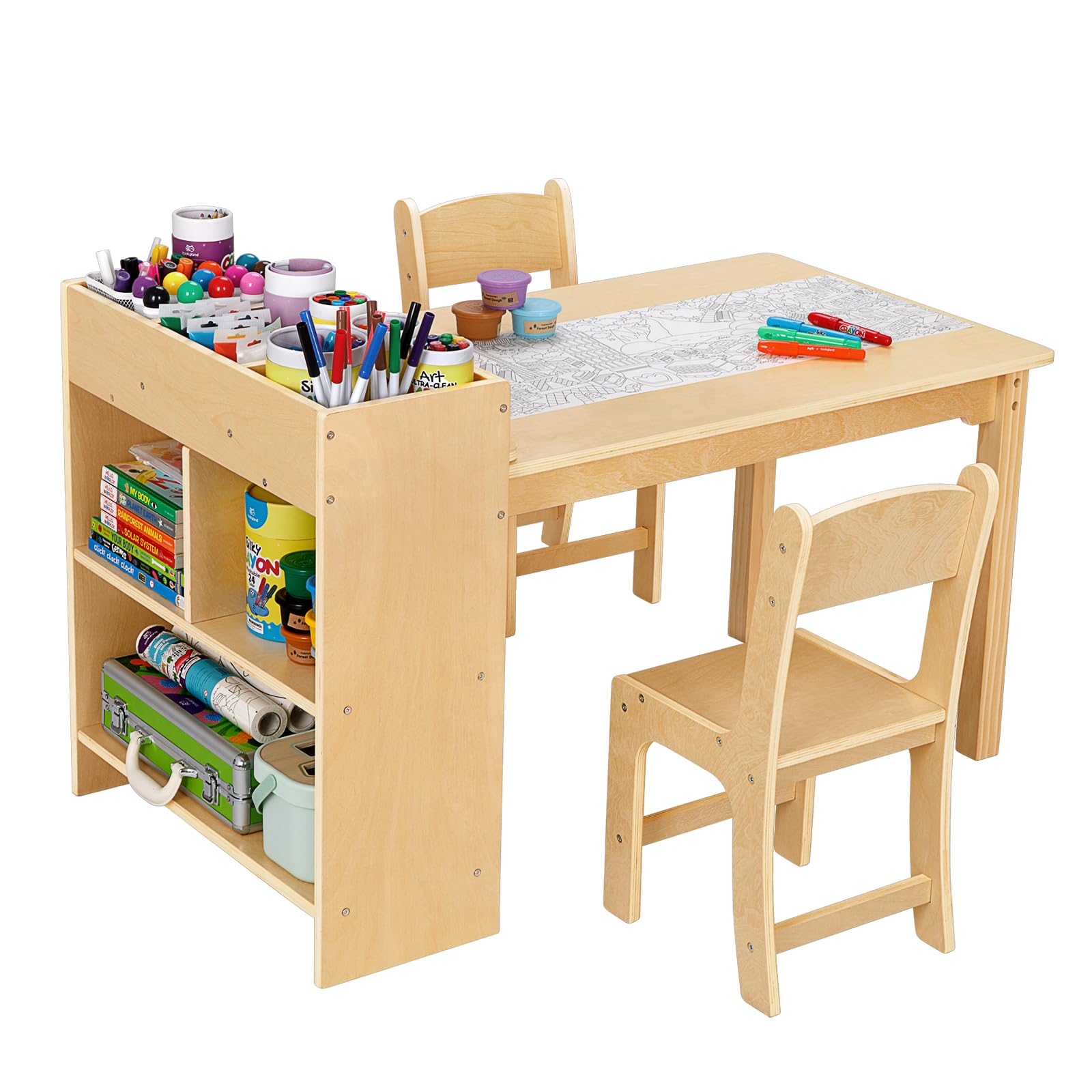 OOOK Kids Art Table and 2 Chairs, Toddler Activity Table with Large Storage Shelves, Wood Activity Desk for Writing Drawing Suitable for Playrooms & Classroom