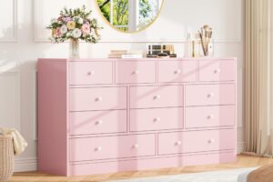 garveehome 12 drawer dresser for bedroom, 61 inch wood dresser with power outlet, wide dresser chest of drawers for living room, hallway, tall dressers with smooth metal rail, large storage, pink