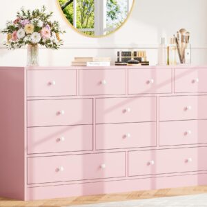 GarveeHome 12 Drawer Dresser for Bedroom, 61 Inch Wood Dresser with Power Outlet, Wide Dresser Chest of Drawers for Living Room, Hallway, Tall Dressers with Smooth Metal Rail, Large Storage, Pink