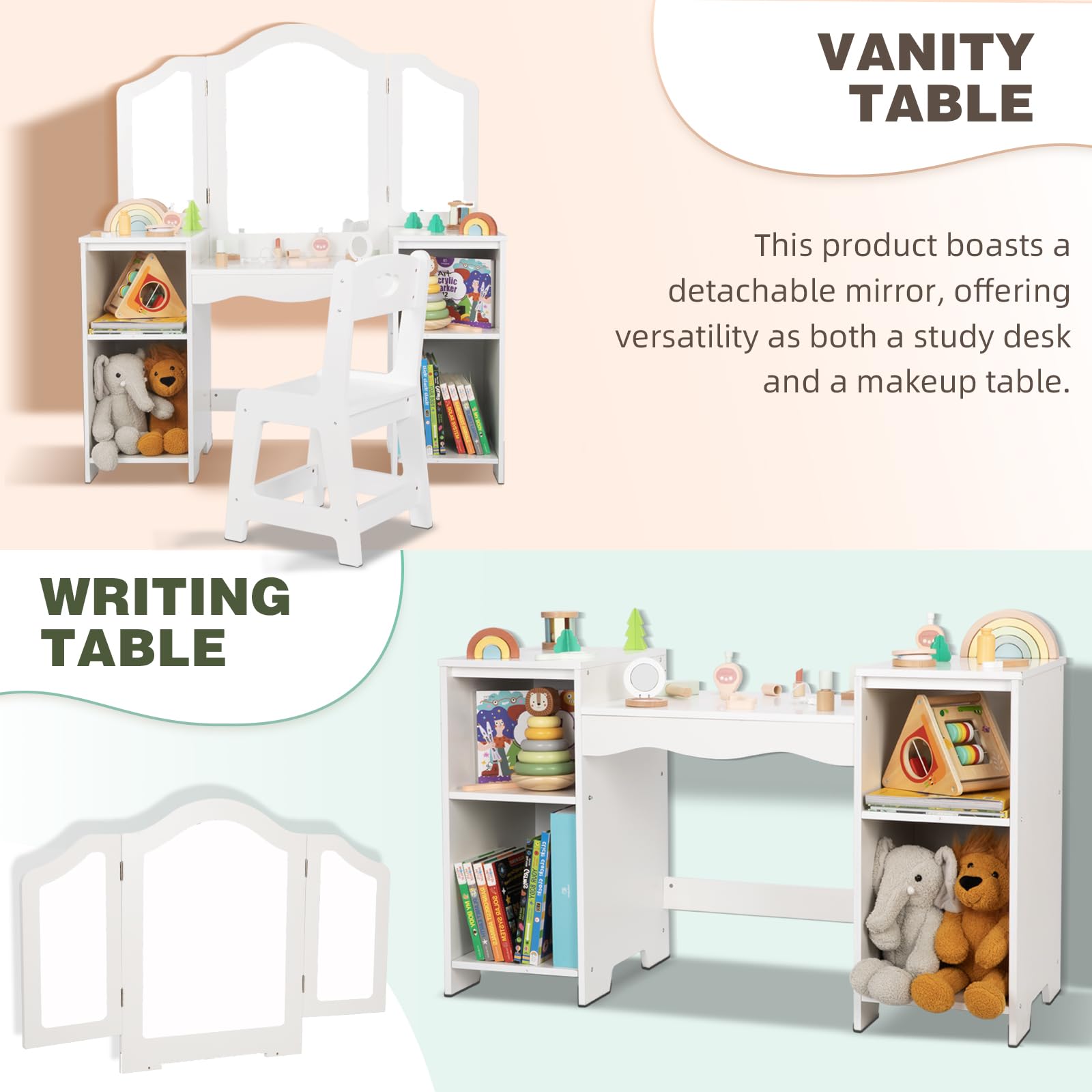 OOOK Toddler Vanity, 2 in 1 Kids Study Desk with Detachable Tri-Folding Mirror, Kids Vanity Table and Chair Set with DIY Stickers, Unique Toddler Vanity Dressing Table for Girls.