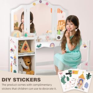 OOOK Toddler Vanity, 2 in 1 Kids Study Desk with Detachable Tri-Folding Mirror, Kids Vanity Table and Chair Set with DIY Stickers, Unique Toddler Vanity Dressing Table for Girls.