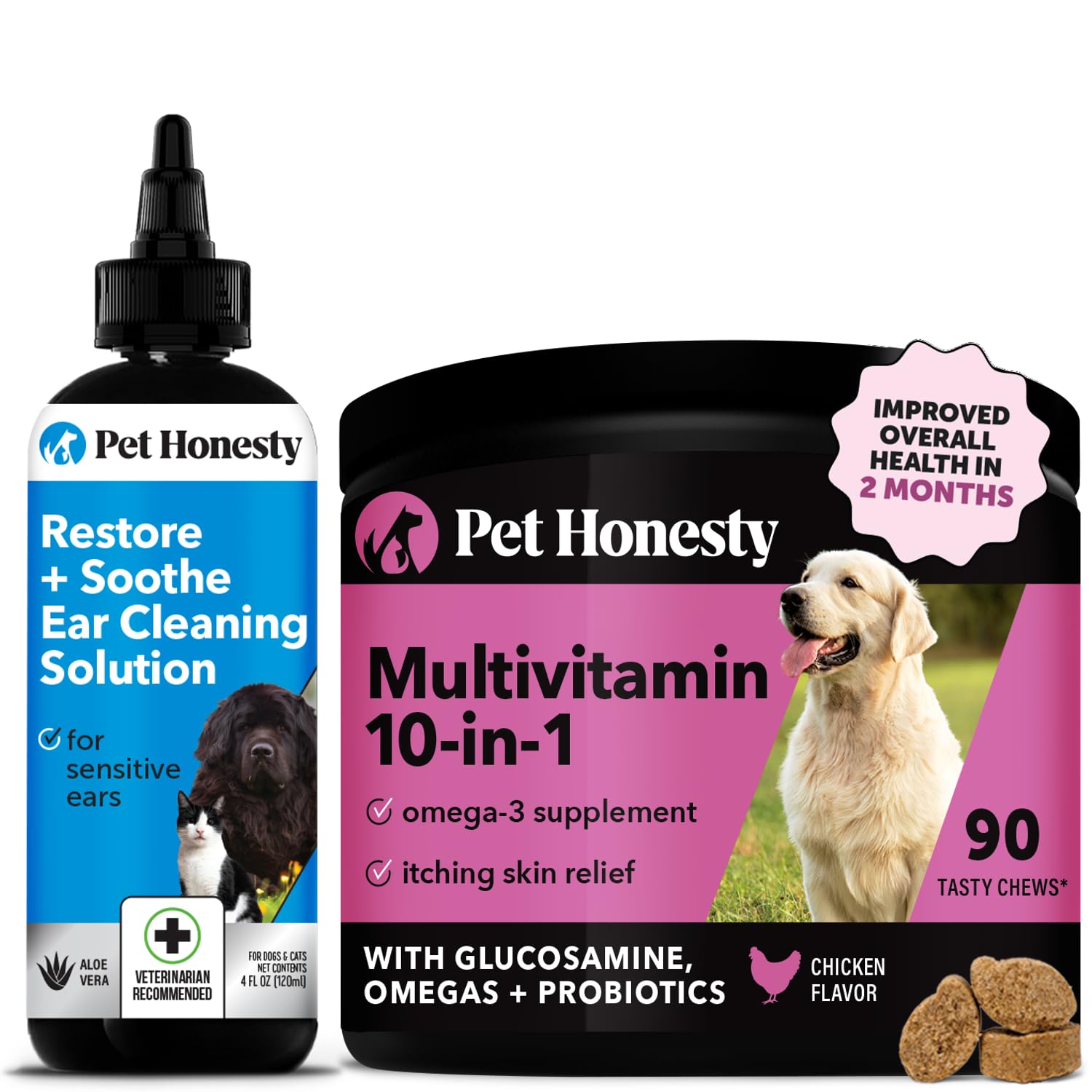 Pet Honesty Restore + Soothe Ear Cleaner for Dogs & Cats (Aloe Vera) 4oz + Multivitamin Dog Supplement with Glucosamine, Probiotics, Omega Fish Oil for Skin and Coat Allergies (Chicken 90 ct)