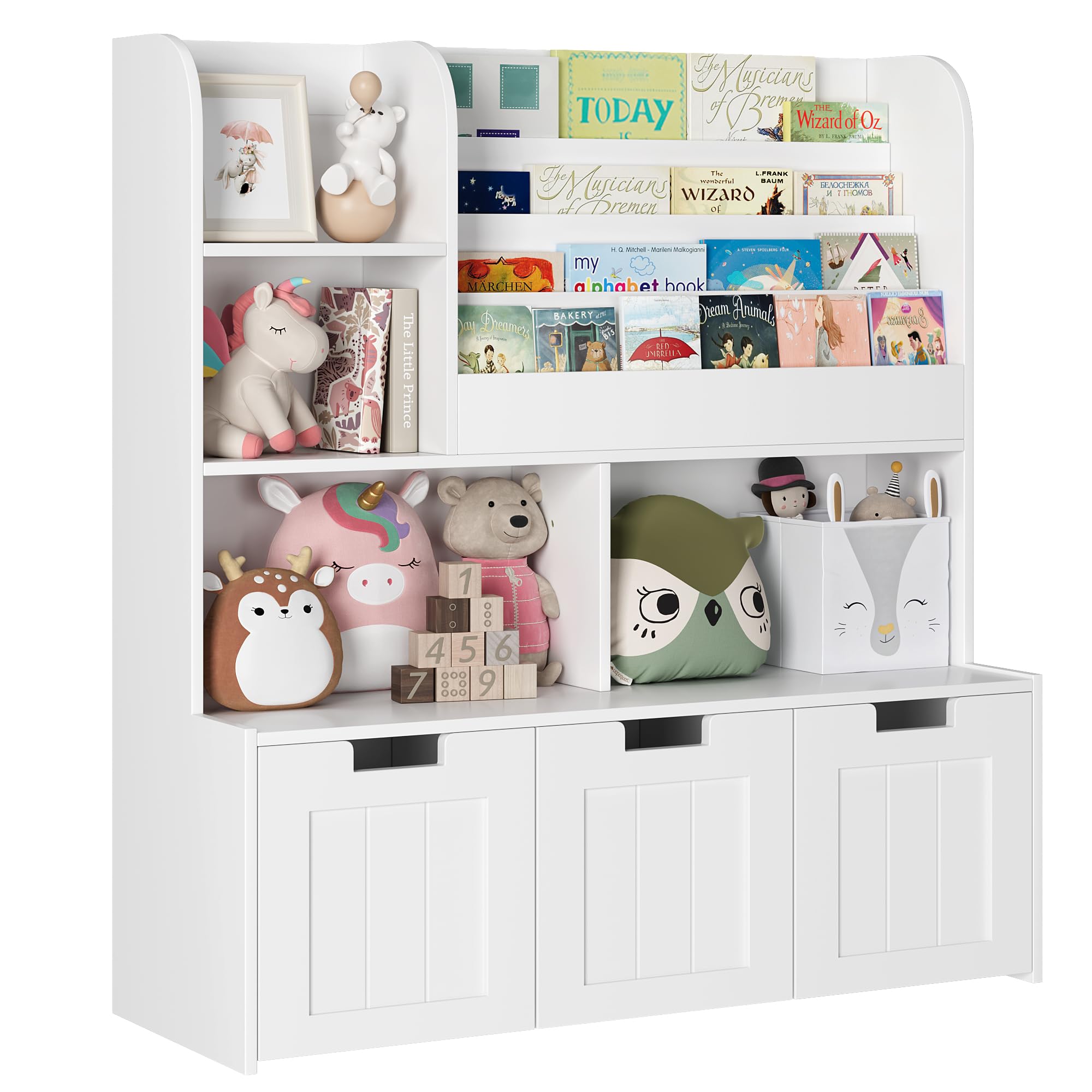 GarveeHome Large Toy Storage Organizer with 3 Movable Drawers,Kid's Bookshelf with 4 Storage Cubbies and 4 Layer Sling Bookcase,Toy Chest for Kids Room,Playroom,Classroom,Nursery, White