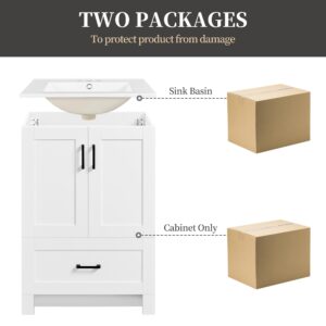 Yaheetech 24.5" Modern Bathroom Vanity with Ceramic Basin, Undermount Bathroom Vanity Sink Cabinet with 2 Doors and 1 Drawer, Free Standing Bathroom Storage Cabinet with Sink Combo Set, White