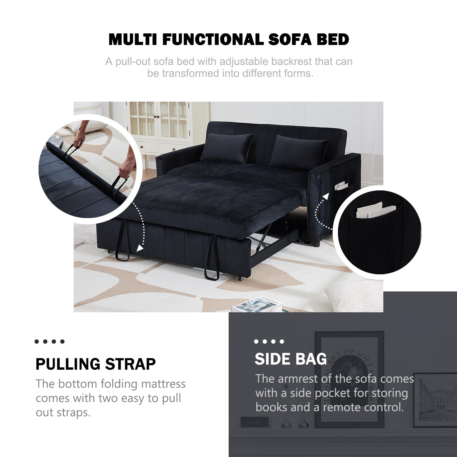 ECHINGLE 55.51" Convertible Sofa Bed, 3-in-1 Sleeper Sofa with Pullout Bed, Velvet Sofa cama with Adjustable Backrest and Side Pocket & 2 Pillows, Modern Futon Couch for Living Room, Bedroom（Black）