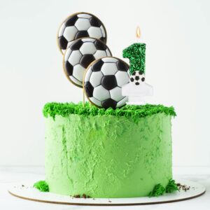 Football Candle, White Green Soccer Cake Topper Happy Birthday Number Cake Candle Sparkling Sequins Soccer Football Theme Birthday Party Decorations Celebrations Supplies (Number 7)