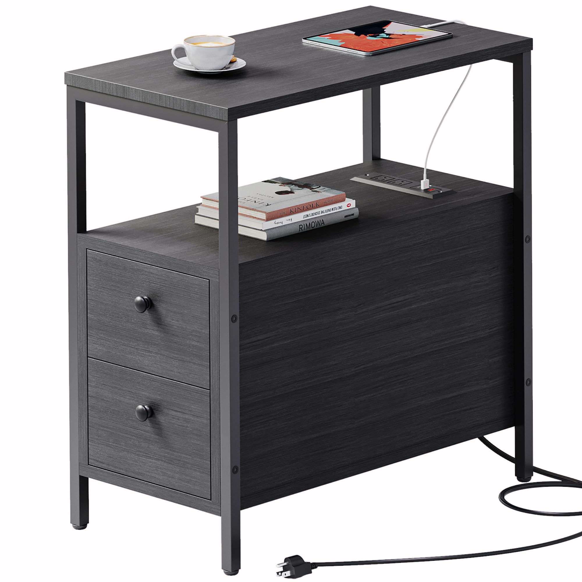 EVASTAR End Table with Charging Station, Narrow Side Table with 2 Drawers, Living Room Nightstand with Storage, Slim Bedside Table for Bedroom, Small Spaces, Black