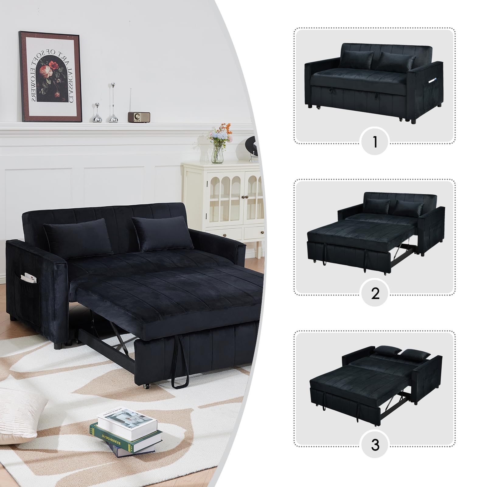 ECHINGLE 55.51" Convertible Sofa Bed, 3-in-1 Sleeper Sofa with Pullout Bed, Velvet Sofa cama with Adjustable Backrest and Side Pocket & 2 Pillows, Modern Futon Couch for Living Room, Bedroom（Black）