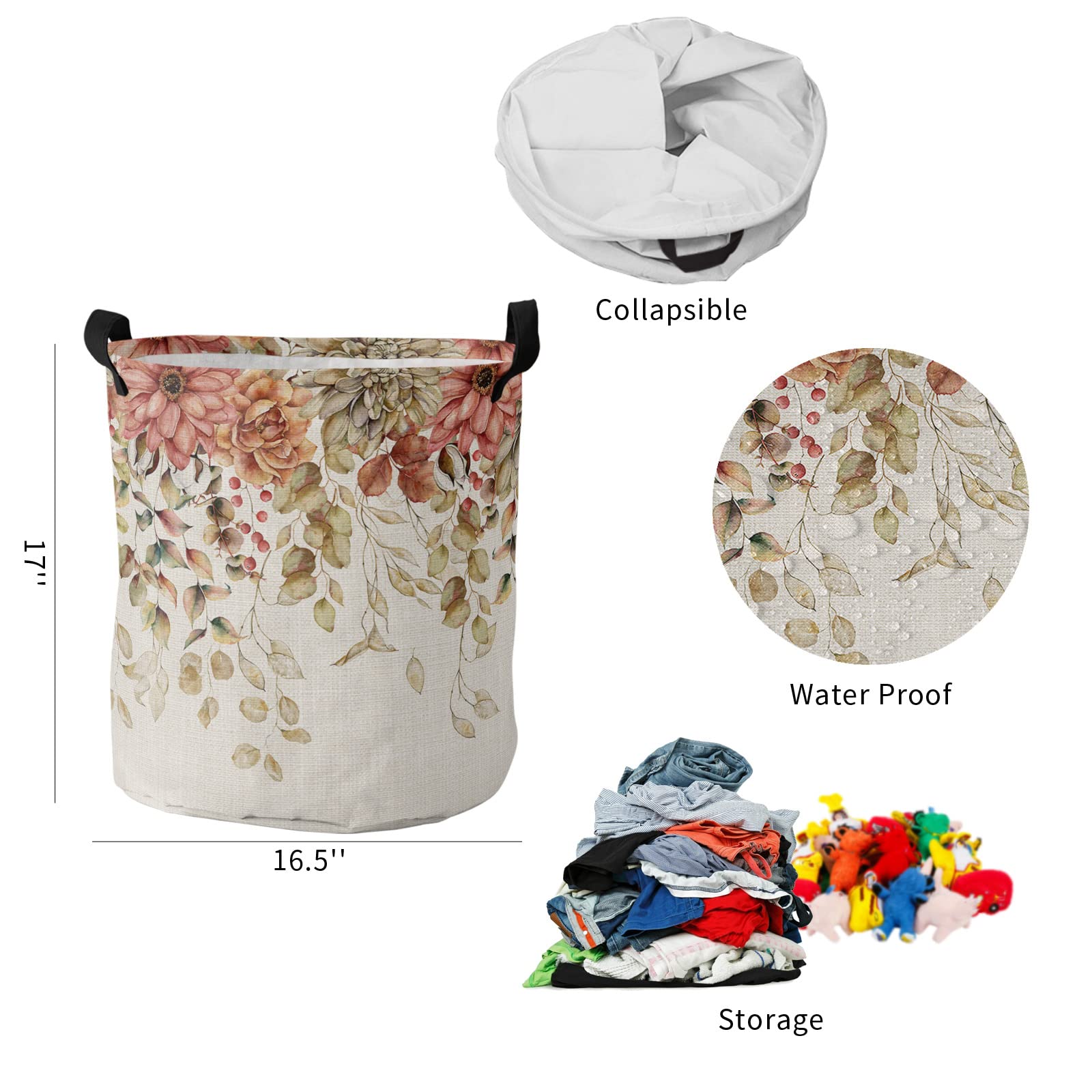 Laundry Basket, Fall Thanksgiving Red Sage Green Dahlia and Rose Flower Eucalyptus Leaf Beige Waterproof Collapsible Clothes Hamper Large Storage Bag for Bedroom Bathroom,16.5x17In